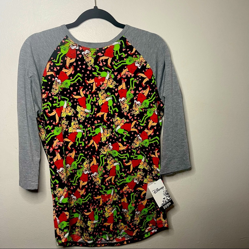 LULAROE DISNEY RANDY BLUE MISS PIGGY KERMIT THE FROG GRAY 3/4 SLEEVE TOP M